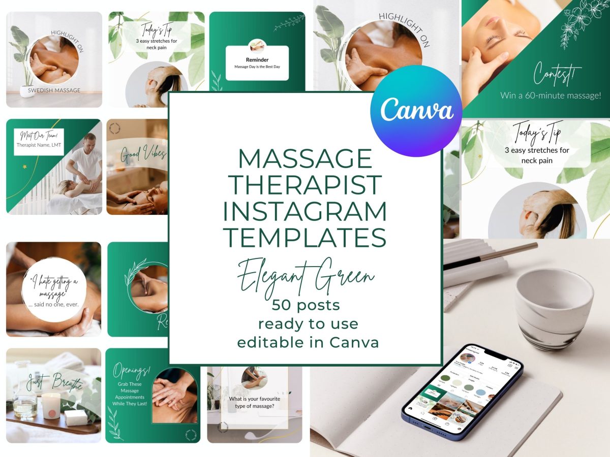 Massage Therapy Instagram Templates Emerald Green For Sale